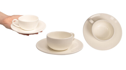 Ceramic white coffee cup and saucer isolated on white background.
