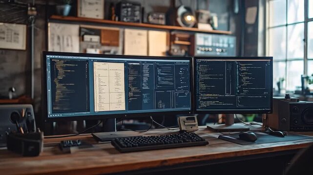 A programmer's workspace with dual monitors displaying code, keyboard, mouse, and speakers. Background is shelves, window