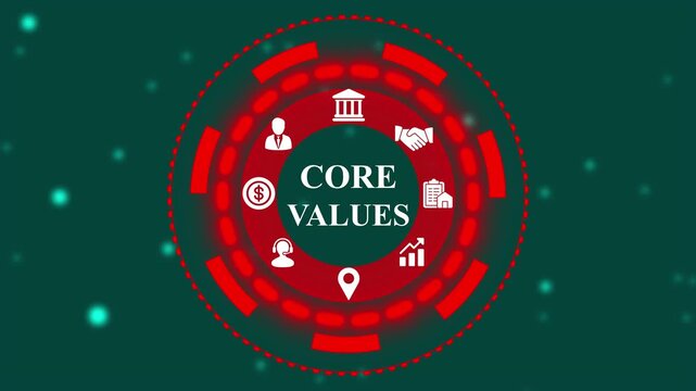 Core values concept with icons in a circular digital interface on a dark green background