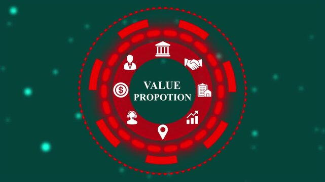 Value proposition concept with icons for business strategy, finance, partnership, location, analytics, and customer service in a futuristic digital interface
