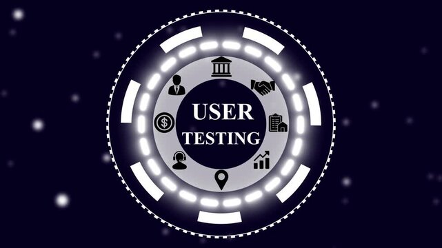 User testing concept with icons in a glowing digital circle on a dark blue background