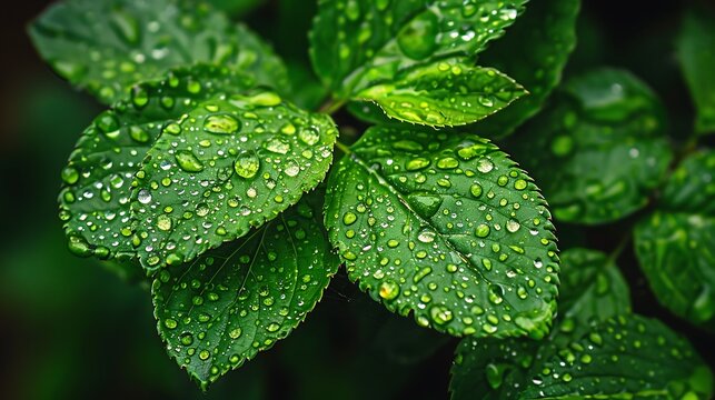 Close-up of dewy green leaves with water droplets ma beautiful scenic outdoor landscape background high resolution nature photography - Powered by Adobe