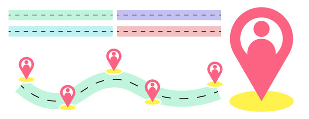 Road and GPS Navigation Pathway Vector Colorful Route Map with Location Pin Icons, Journey Timeline, Goal Achievement Path, Travel Direction Illustration with Separate Map Pin Elements - Vector