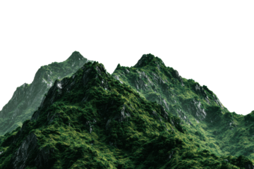 Lush green mountains with rocky outcrops against a black background image, Isolated On Transparent Background, Png Cut Out