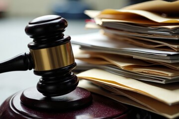 Chaos and Order in the Legal System: A Close-Up of Disorganized Court Files with Judge's Gavel