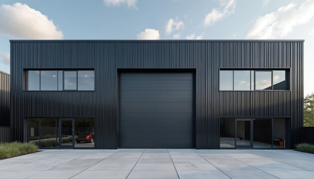 Modern architecture of dark industrial building with garage door windows. Contemporary design of commercial property. Facade of structure with black metal cladding panels. Flat concrete pavement near