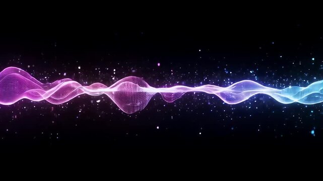A vibrant abstract composition features a swirling wave of light, transitioning from purple to blue against a black background