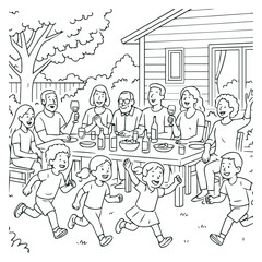 Happy Family Backyard Gathering Coloring Page