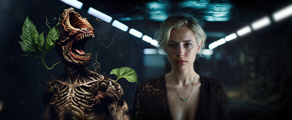 fictional of serious young woman standing beside a terrifying mutated plant creature with exposed muscle and sharp teeth in a dark tunnel