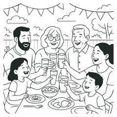 Joyful Multi-Generational Family Dinner Celebration Line Art