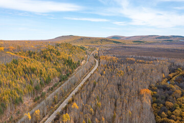 Aerial photography of the autumn forest railway in the Greater Khingan Range