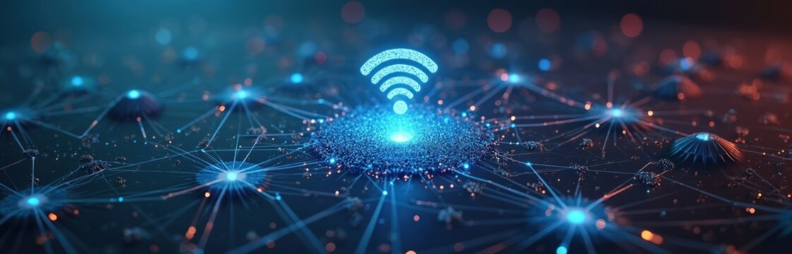 Global wireless internet graphic. Data travels along network nodes. Wi-Fi signal glows. Connectivity, communication abstract concept. Tech companies use picture for digital service advertisement.