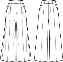 Wide-leg trousers fashion sketch, high waist pants design, pleated and clean styles, technical drawing, garment construction, apparel illustration, vector