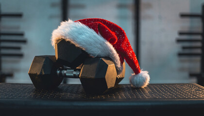 Santa Claus on the street, stairs, or floor, celebrating the winter holiday season with his red hat and gift