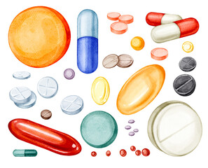 Watercolor hand drawn various colorful pills, tablets, capsules, vitamins isolated on transparent background. Medications, medicines. Vibrant illustrations for medical, health, and wellness