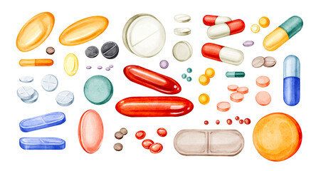 Watercolor hand drawn various colorful pills, tablets, capsules, vitamins isolated on transparent background. Medications, medicines. Vibrant illustrations for medical, health, and wellness