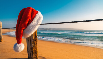 Red Santa hat on the summer beach sand, a Christmas holiday decoration in the winter sea season