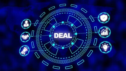 Digital Deal concept with global network and business icons on dark blue world map background handshake - Powered by Adobe