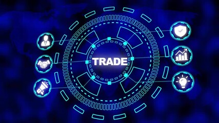 Global Trade concept with digital interface and business icons on dark blue world map background commerce - Powered by Adobe