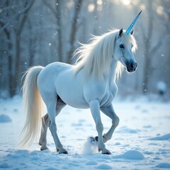 Naklejka premium Majestic unicorn stands in winter forest. White horse has blue horn and long mane. Animal moves in snow. Fantasy creature walks at fairytale landscape on background.