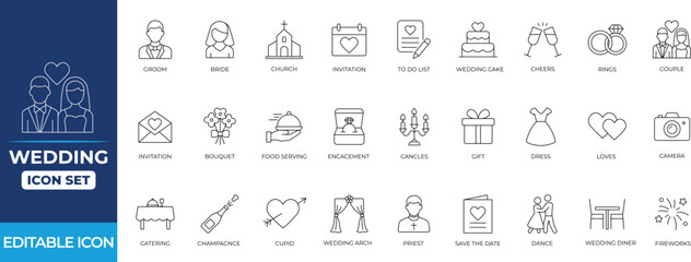 Wedding line icon set featuring rings, invitation, dance, party, engagement, honeymoon, marriage, presentation, seminar, silhouette, planning tools, and romantic event visuals.