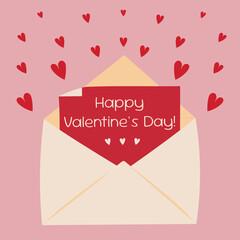 Happy Valentine's Day card with envelope, love letter, and red hearts.