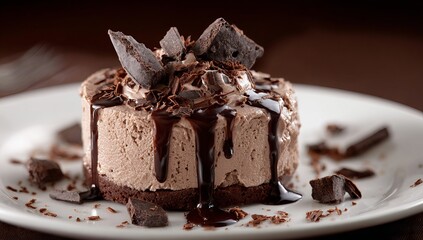 Chocolate ice cream cake with chocolate drizzle and shards