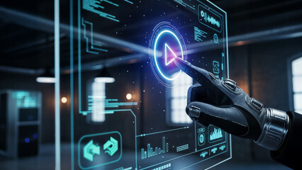 Cybernetic Interface: A high-tech digital interface, illuminated with vibrant blue light, responds to the touch of a gloved hand.