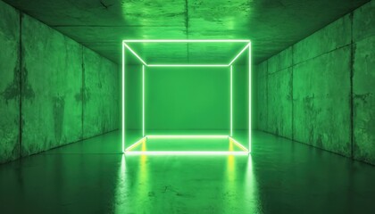 Green neon cube glows in dark empty room. Futuristic corridor with concrete walls, reflective floor. Minimal abstract background with geometric light installation for technology, art, gaming concepts.