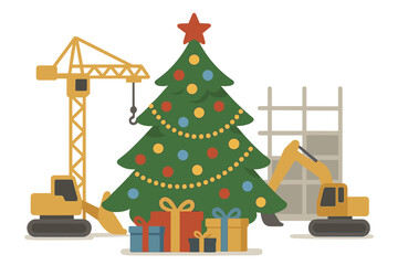 A decorated Christmas tree with gifts stands amid a construction site, surrounded by machinery, illustrating a holiday celebration at work