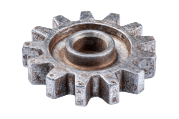 Single Rusted Metal Gear with Internal Threads on Black Background industrial, Isolated On Transparent Background, Png Cut Out