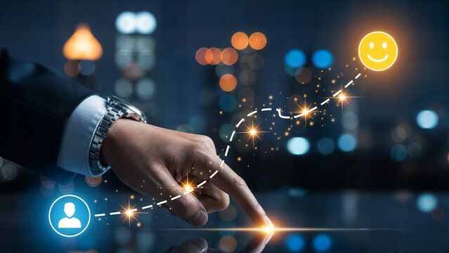 Customer Satisfaction Journey: A close-up view of a person's hand tracing a glowing line ascending towards a smiley face, symbolizing customer satisfaction, set against a blurred city backdrop.