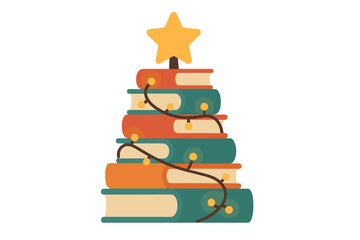 A stack of books shaped into a creative Christmas tree, lit by warm string lights and topped with a glowing star