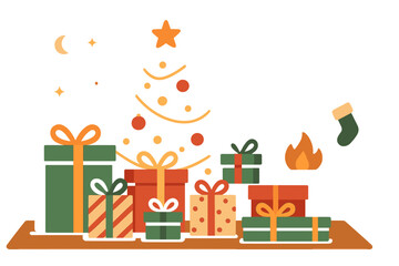 A festive Christmas table is adorned with cheerful holiday gifts in a snug Santa home interior, featuring a banner for Happy New Year, present boxes in a workshop late at night, illuminated by lights