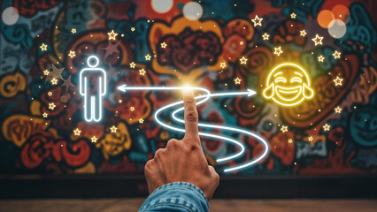 Decision Pathway: A symbolic visual narrative. A hand elegantly touches a luminous point, guiding the gaze along a radiant pathway, a dynamic fusion of human and emotive concepts.