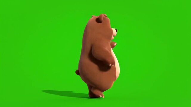 Funny cartoon dancing bear character performing a happy dance move on a chroma key green background animation