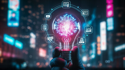 Innovation Illuminated: A vibrant image of a hand holding a glowing lightbulb, with digital icons encircling it, symbolizes ideas and creativity amidst a futuristic cityscape.