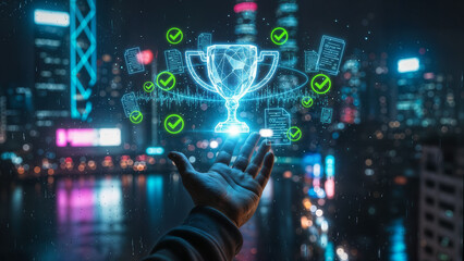 Digital Trophy in Futuristic Metropolis: A hand outstretched towards a luminous digital trophy, symbolizing achievement and success, floats against a backdrop of a vibrant cityscape.