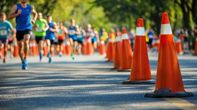 A race event with colorful barricades guiding runners along the marathon route