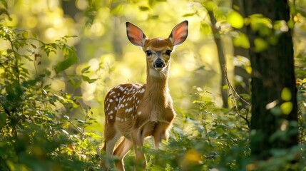 A curious fawn cautiously emerges from dense forest foliage to explore a sunlit clearing on a peaceful morning in the wilderness