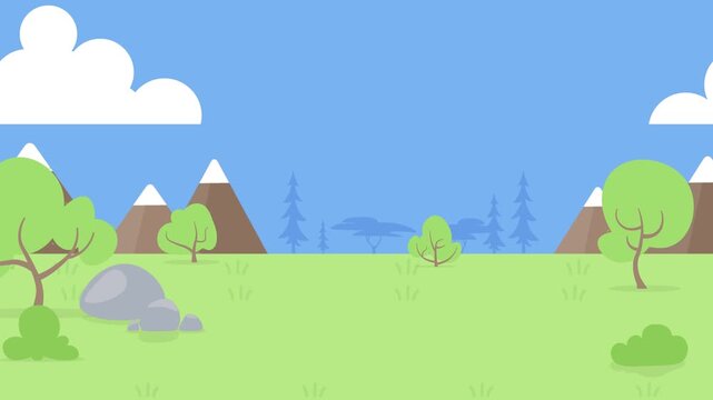 Flat cartoon landscape with trees mountains and pine trees