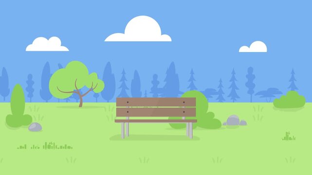 Flat cartoon park scene with bench trees and clouds