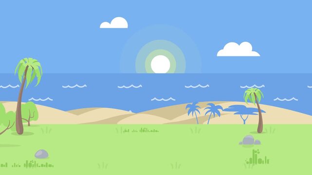 Flat design beach scene with ocean and palm trees Keywords: beach, ocean, flat design