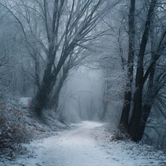 Obraz premium Snow-Covered Forest Trail in Winter Fog — Frozen Woods, Quiet Nature Path, Frosty Trees, Atmospheric Winter Landscape Perfect for Seasonal, Travel, and Nature Photography