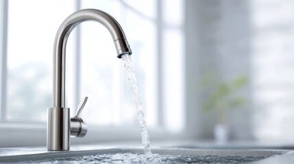 Modern Stainless Steel Faucet with Flowing Water in Bright Kitchen Environment Reflecting Cleanliness and Freshness of Home Decor