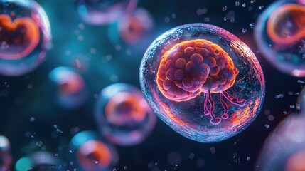 A digital illustration shows the stages of human embryo development, highlighting cellular growth and formation in vivid colors against a dark background