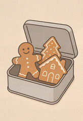 Vintage tin box filled with spiced biscuits in festive shapes