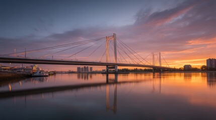 Fototapeta premium Stunning Sunset Reflection Over Modern Bridge and River With Colorful Clouds in the Sky Captured in a Serene Urban Landscape