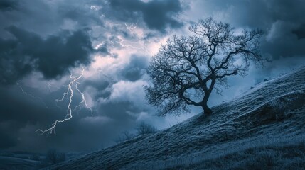 A lightning bolt striking a tree on a stormy hillside with everything frozen in the instant of impact