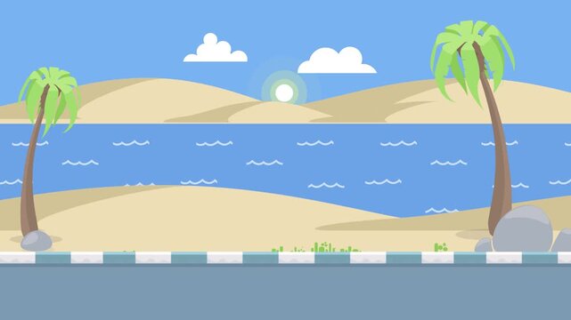 Flat design tropical seaside with road and palm trees Keywords: tropical, seaside, road, flat